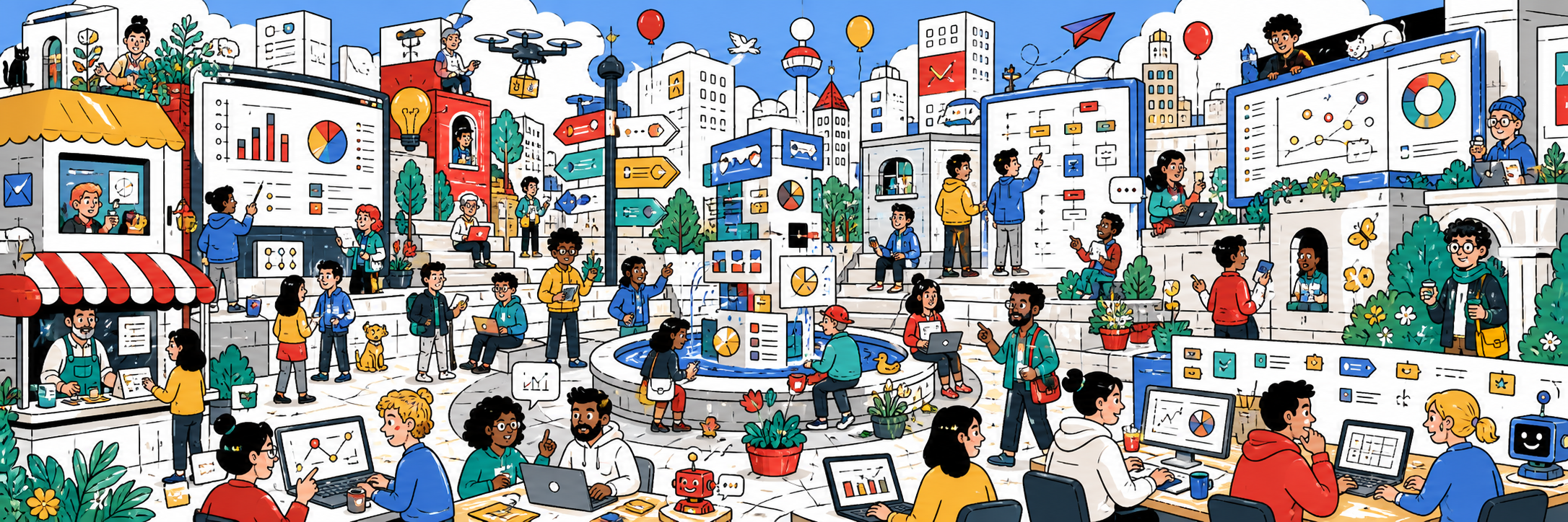 A lively illustrated analytics city filled with people, charts, laptops and one hidden Wouter